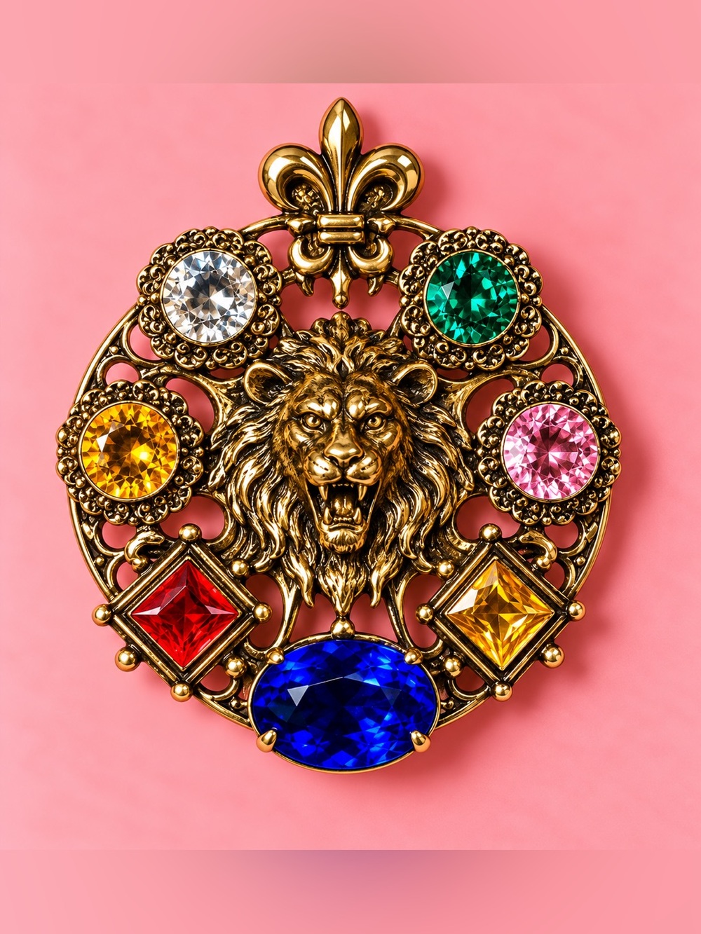 Gold Lion Medallion Brooch with Multicolor Gemstones